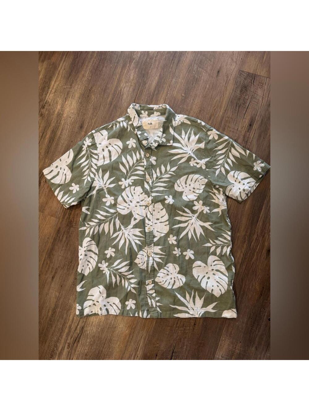 FOLK Monstera Print Cotton Green/White Kingston Shirt SZ L Leaf Beach Casual